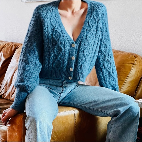 Zara Sweaters Zara Baby Blue Jewel Button Cable Knit Cardigan